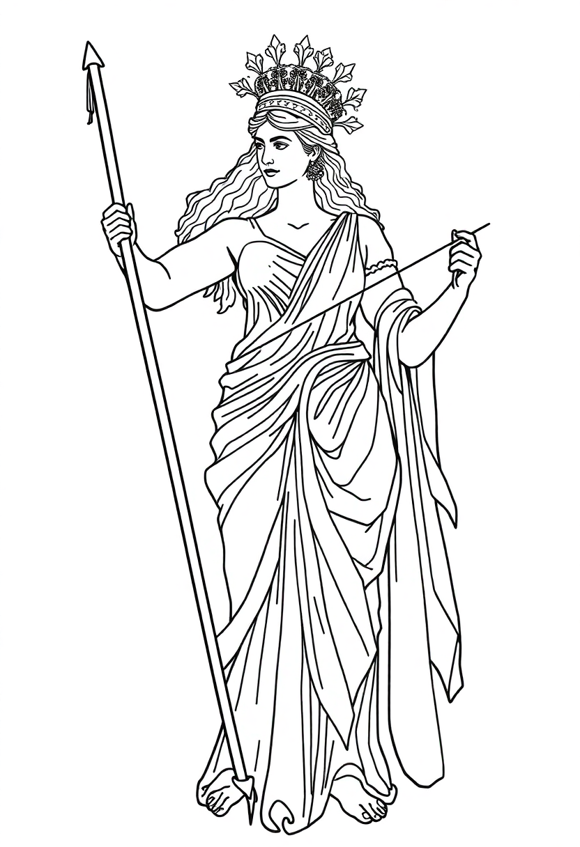 Greek Goddess Artemis with Bow coloring page, free printable