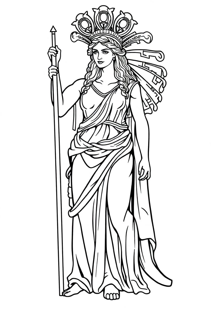 Greek Goddess Athena coloring page showing the goddess with owl and spear in simple black outlines for kids to color
