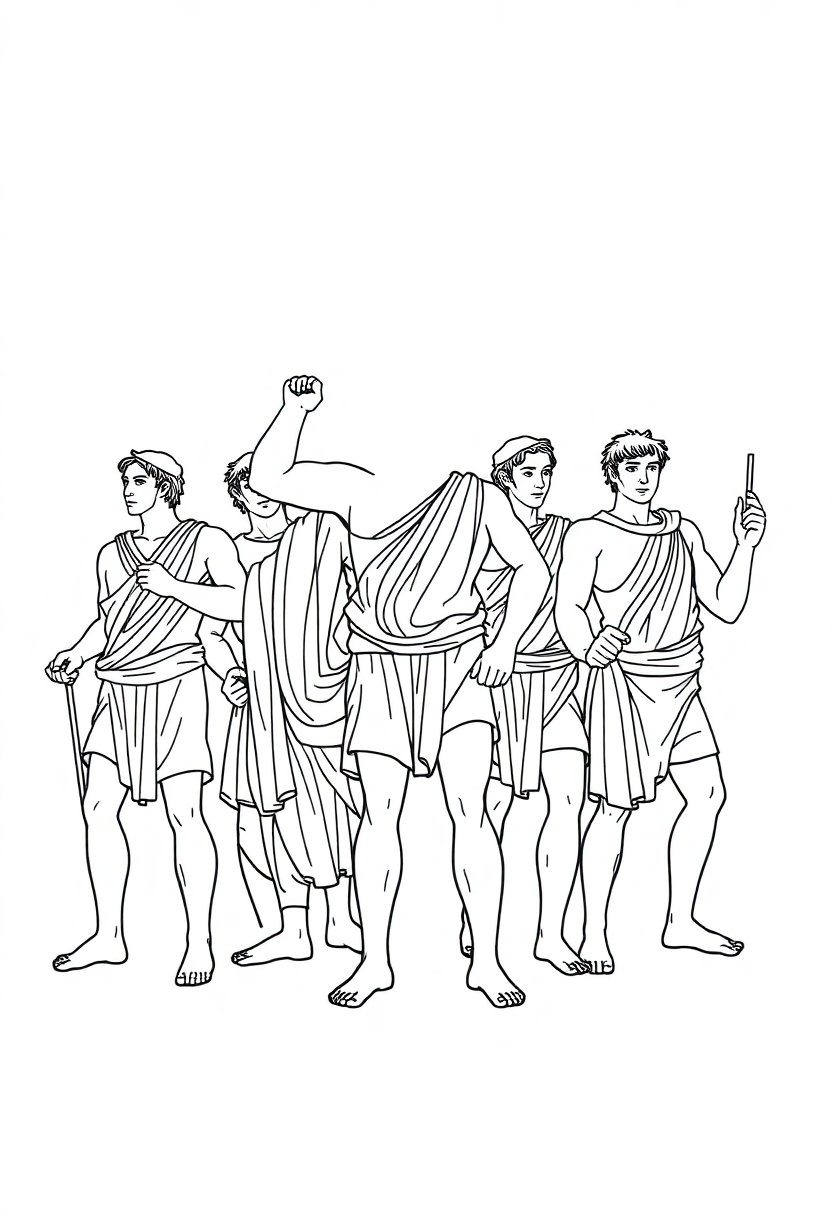 Greek Olympic Athletes coloring page showing cute chibi-style ancient Greek competitors with bold outlines for easy coloring