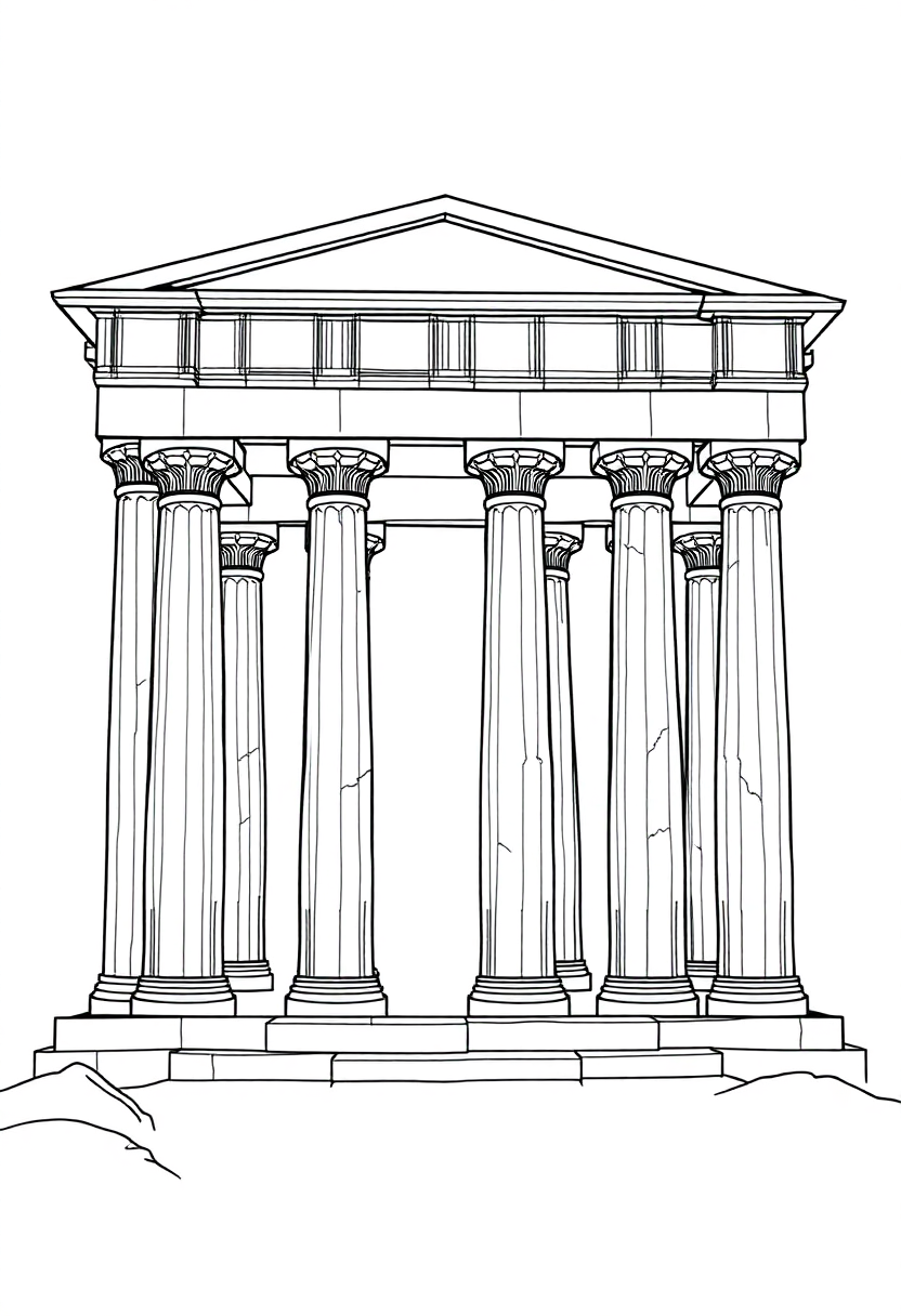 Greek temple columns coloring page showing three tall Doric columns with detailed capitals and bold black outlines
