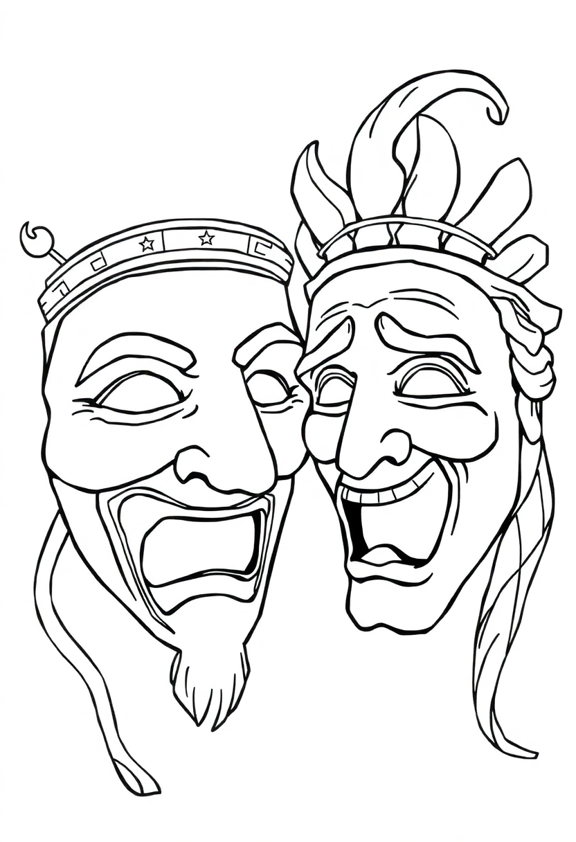 Greek Theatre Masks Comedy and Tragedy coloring page, free printable