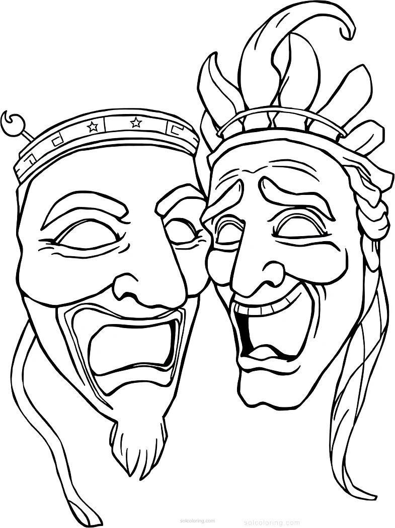 Greek Theatre Masks Comedy and Tragedy coloring page for kids