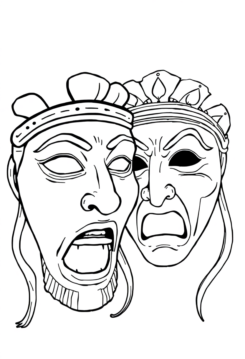Greek Theatre Masks Comedy and Tragedy coloring page, free printable