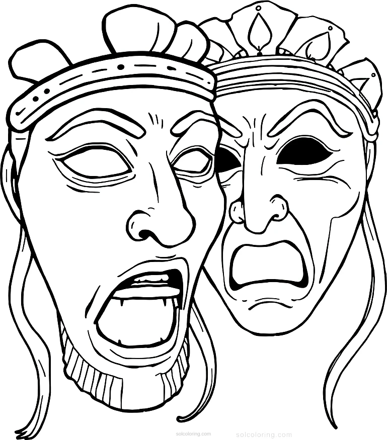 Greek Theatre Masks Comedy and Tragedy coloring page for kids
