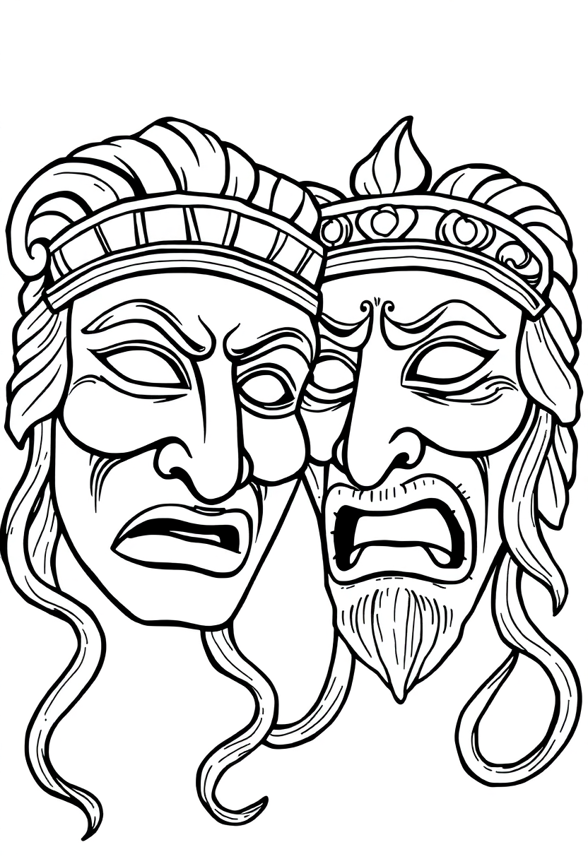 Greek Theatre Masks Comedy and Tragedy coloring page, free printable