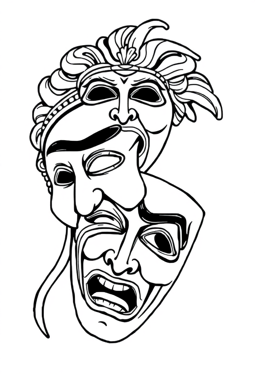 Greek Theatre Masks Comedy and Tragedy coloring page, free printable