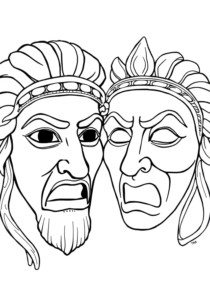 Greek Theatre Masks Comedy and Tragedy coloring page, free printable