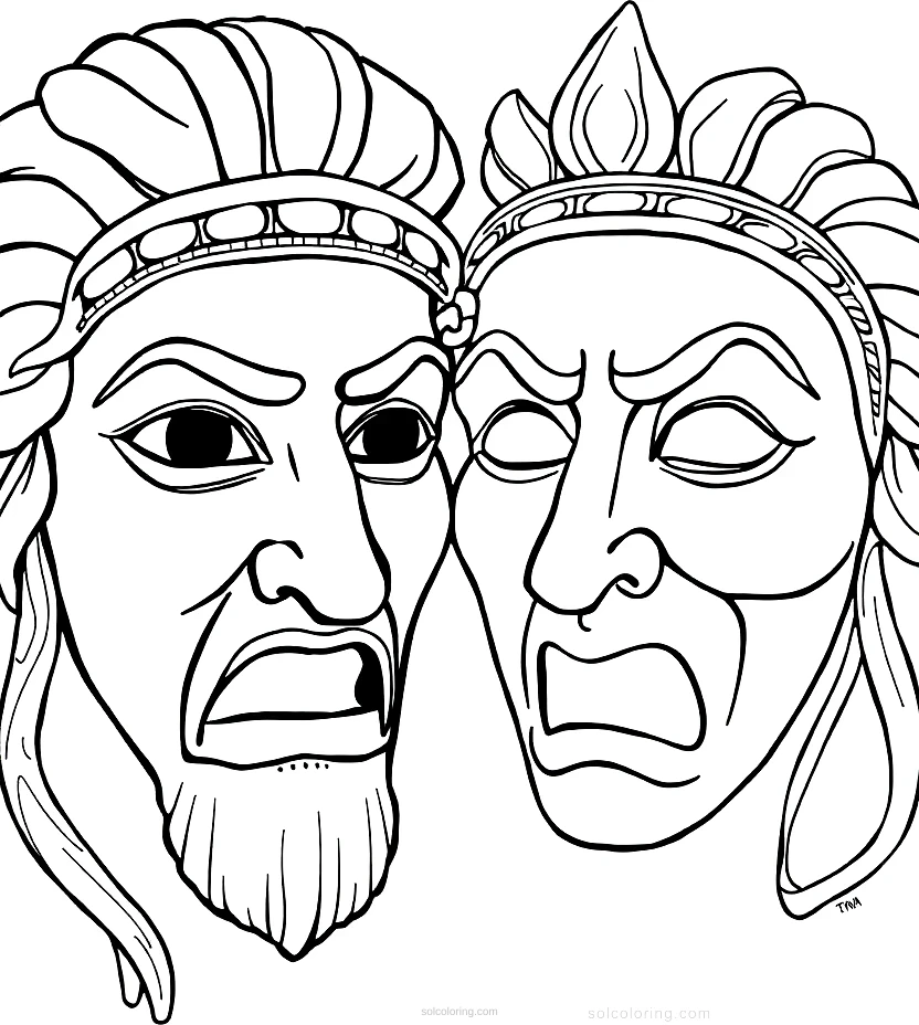 Greek Theatre Masks Comedy and Tragedy coloring page for kids