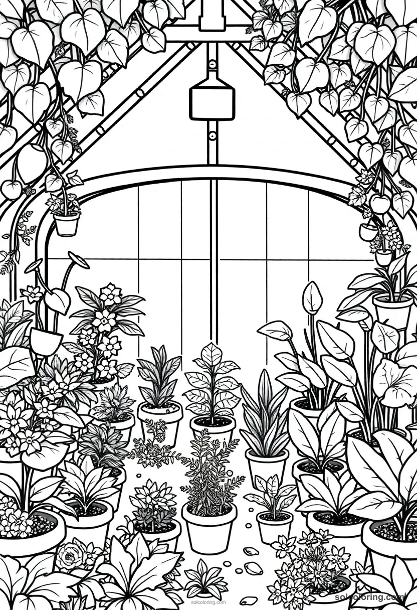 Chibi Greenhouse Full of Magical Talking Plants and Student Gardeners chibi coloring page for kids