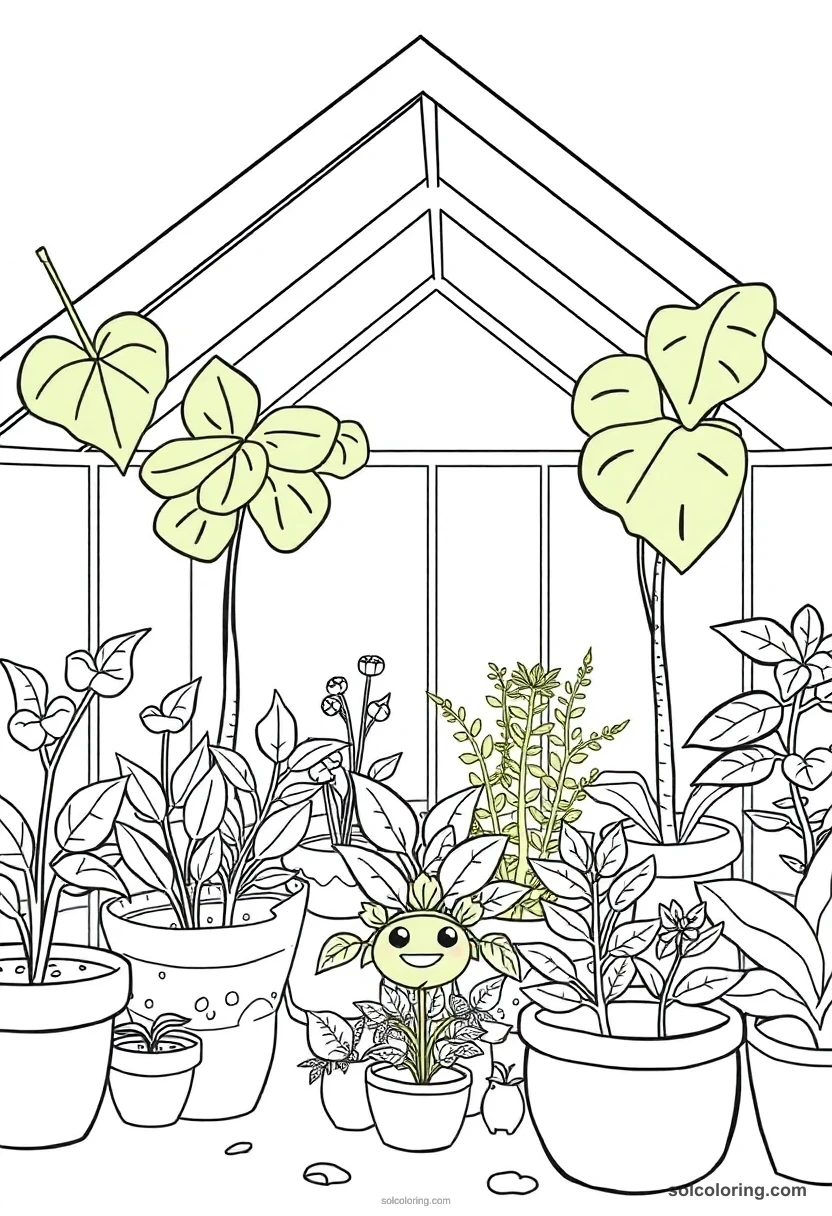 Cute Cartoon Greenhouse Full of Magical Talking Plants and Student Gardeners cute cartoon coloring page for kids