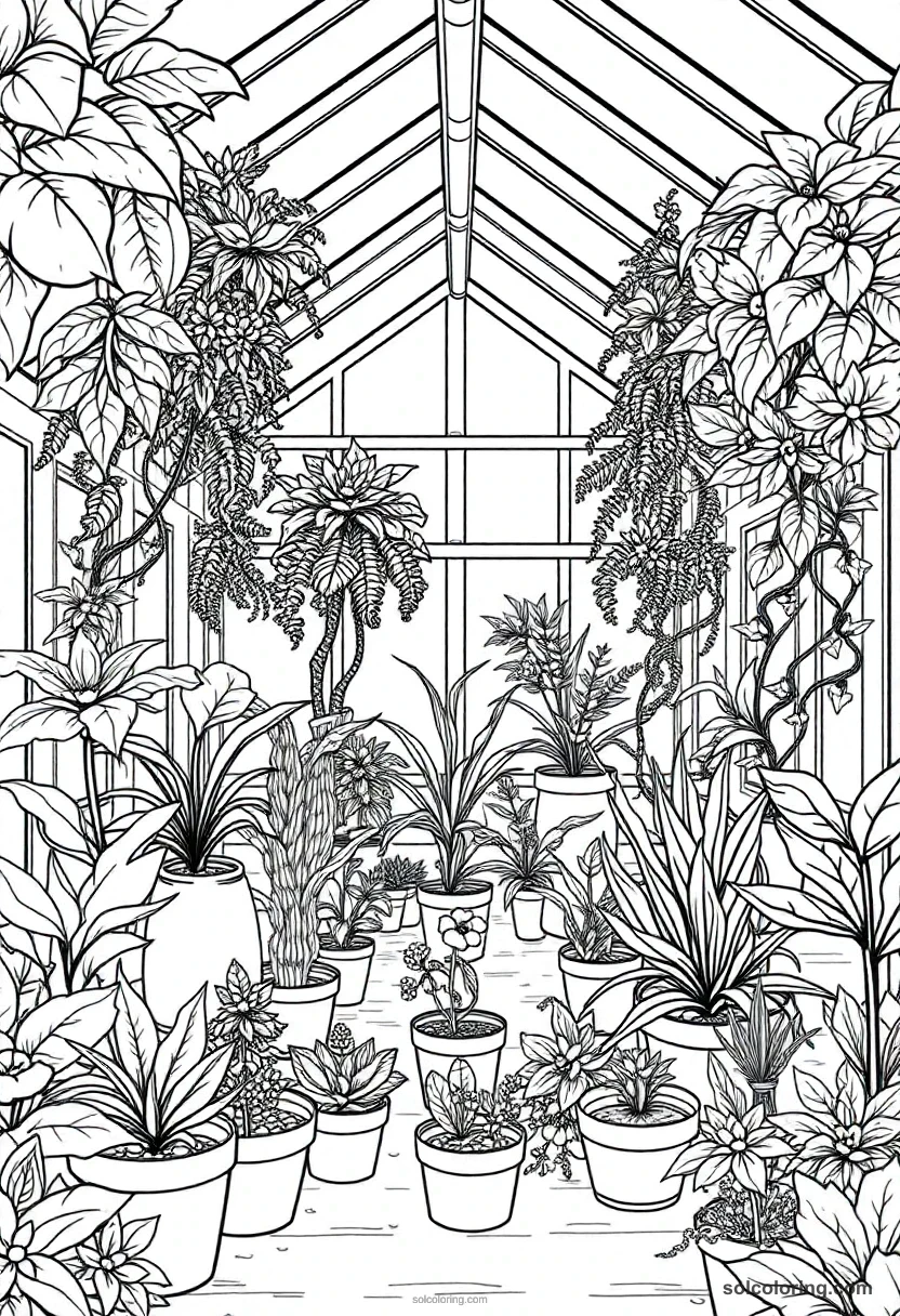 Greenhouse Full of Magical Talking Plants and Student Gardeners detailed coloring page for kids