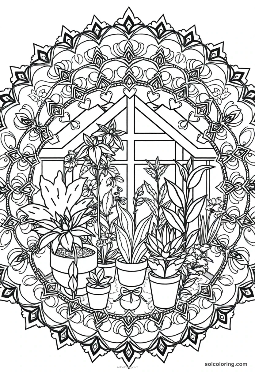 Mandala Greenhouse Full of Magical Talking Plants and Student Gardeners mandala coloring page for kids