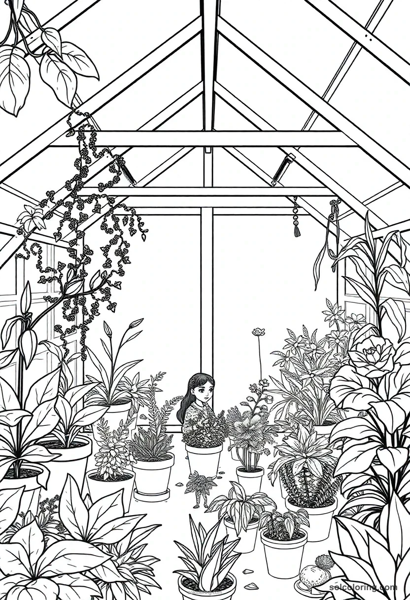 Greenhouse Full Of Magical Talking Plants And Student Gardeners coloring pages