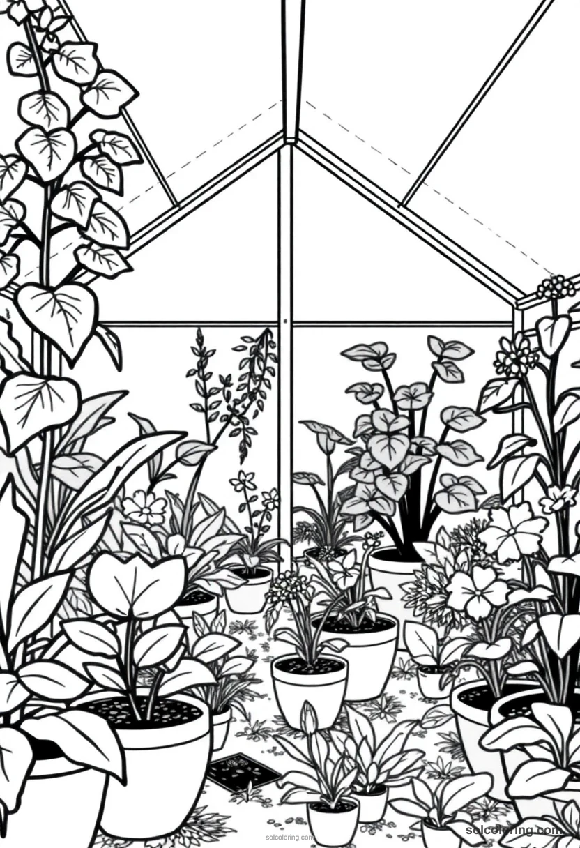 Simple Greenhouse Full of Magical Talking Plants and Student Gardeners simple coloring page for kids