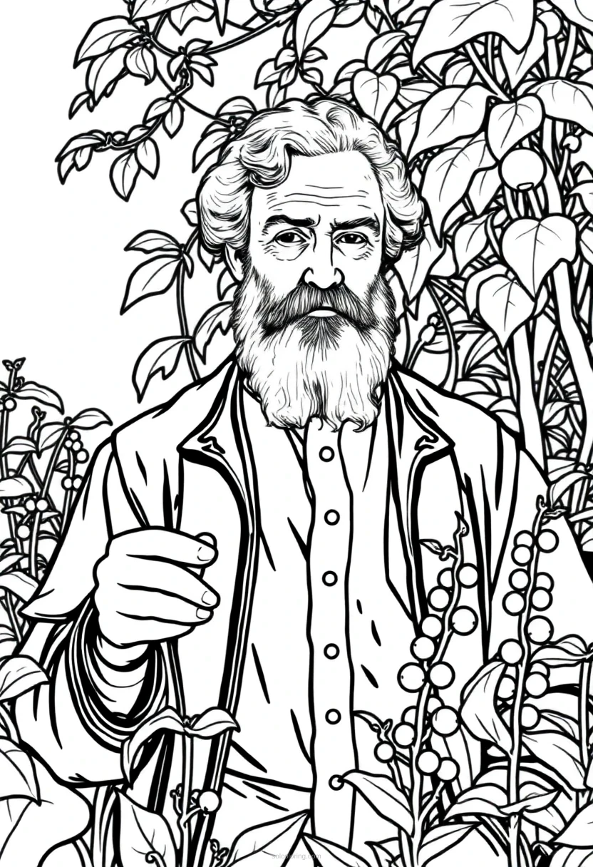 Gregor Mendel in Garden with Pea Plants coloring page for kids