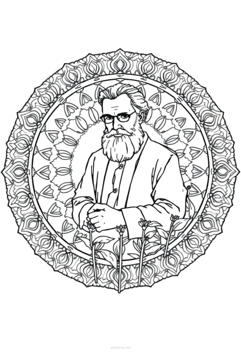 Gregor Mendel in Garden with Pea Plants coloring page for kids
