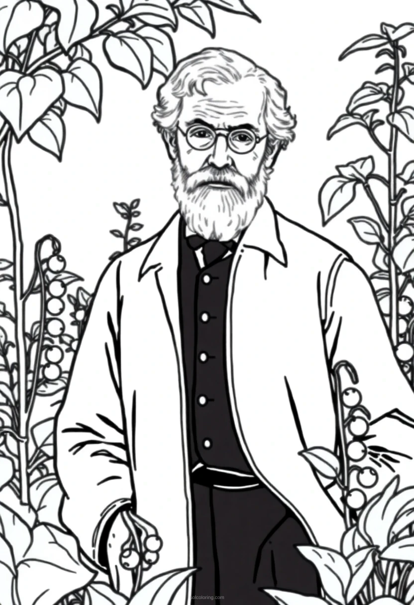 Gregor Mendel In Garden With Pea Plants coloring pages