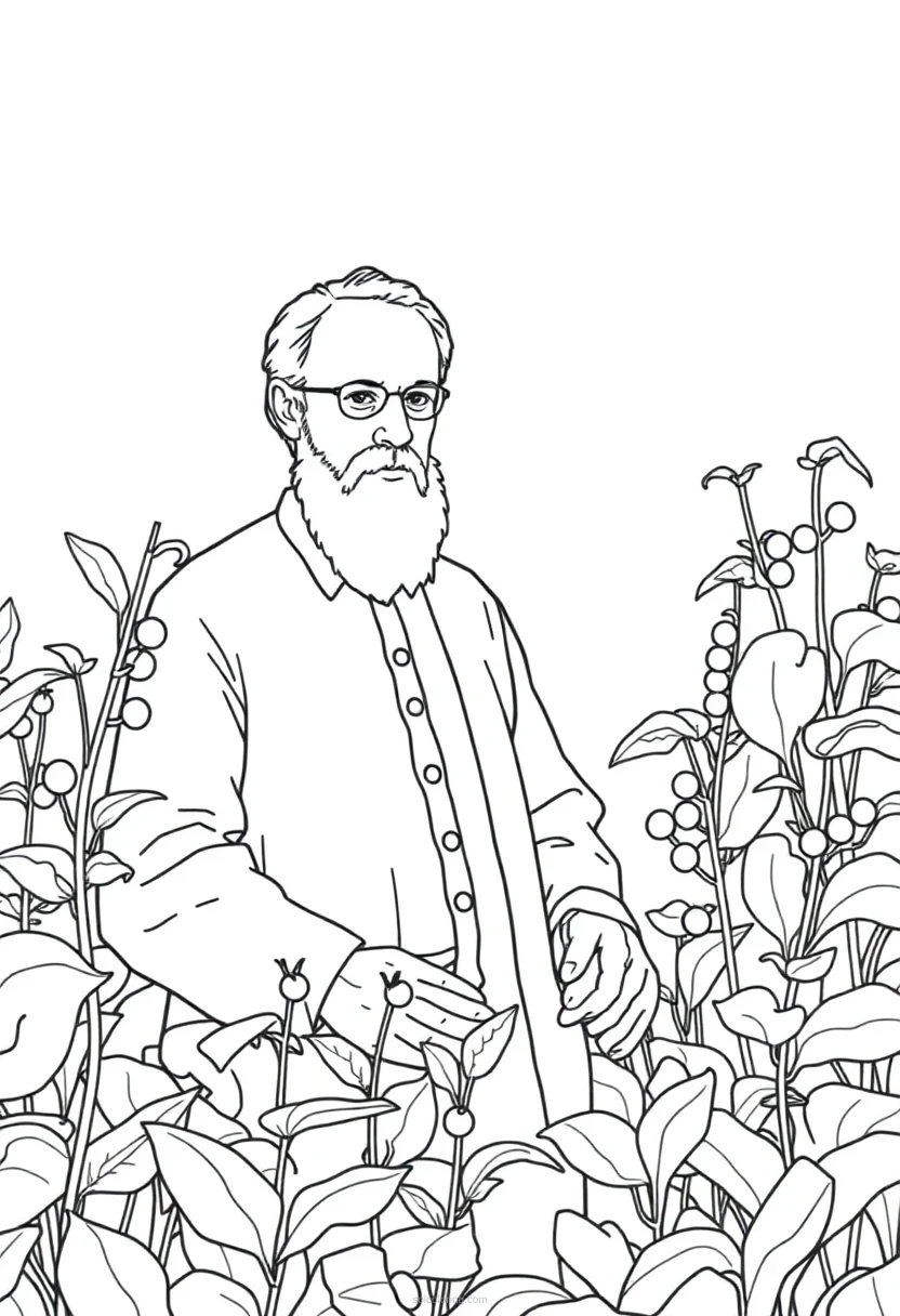 Gregor Mendel in Garden with Pea Plants coloring page for kids