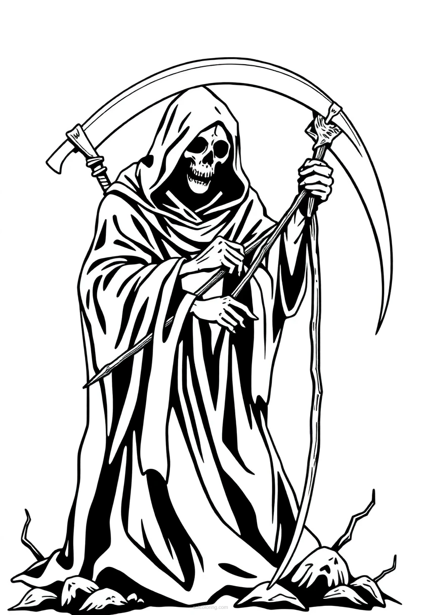 Grim Reaper with Scythe coloring page for kids