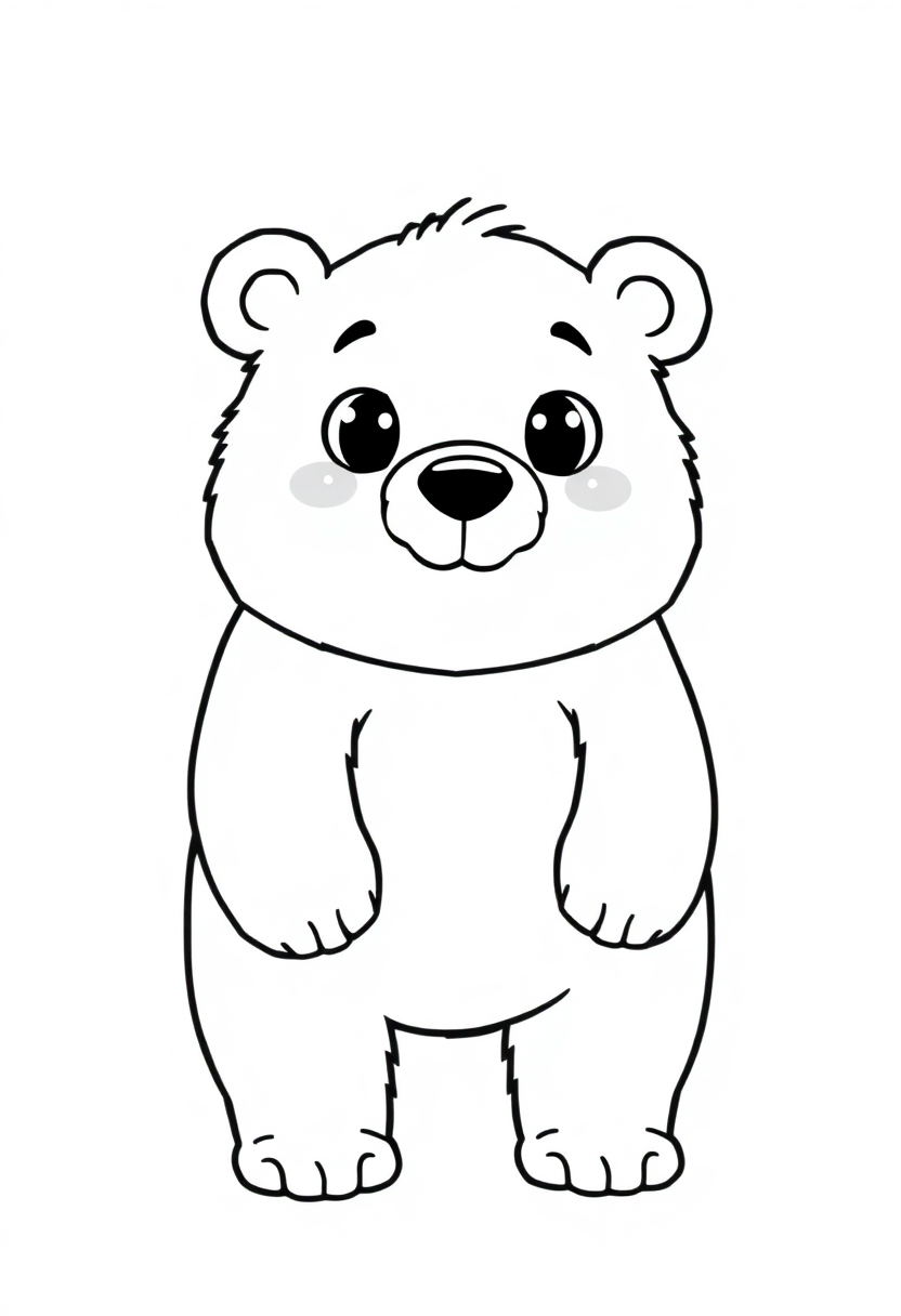 Cute cartoon grizzly bear standing coloring page with bold black outlines on white background, perfect for kids