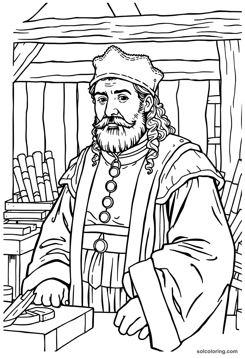 Gutenberg Printing Press Workshop coloring page, free printable detailed style