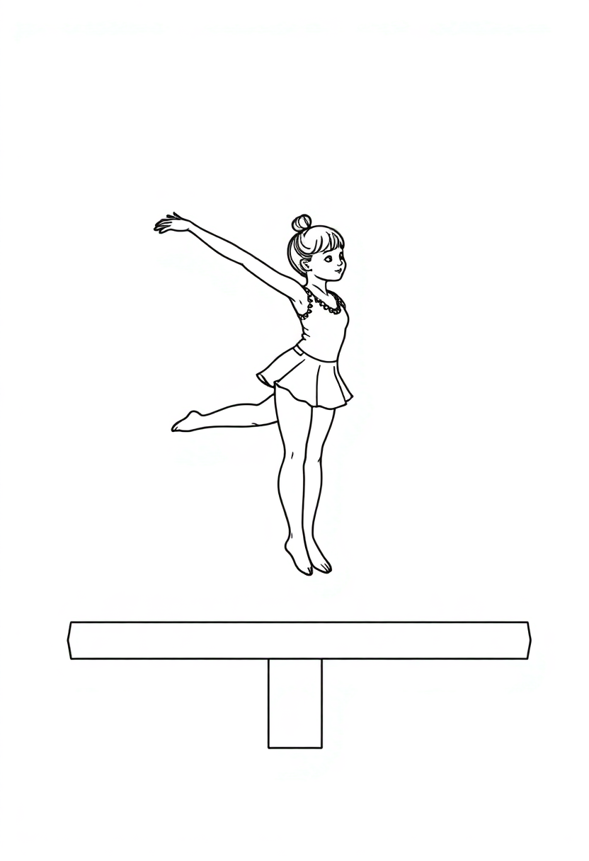 Gymnast on balance beam coloring page with bold outlines showing athlete in graceful pose with mandala design elements