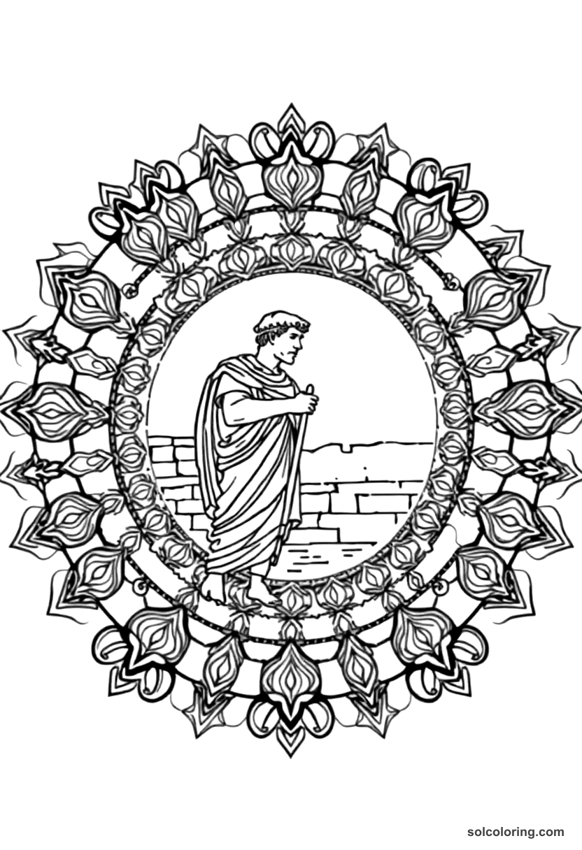 Mandala Hadrian Inspecting the Wall coloring page, free printable mandala style
