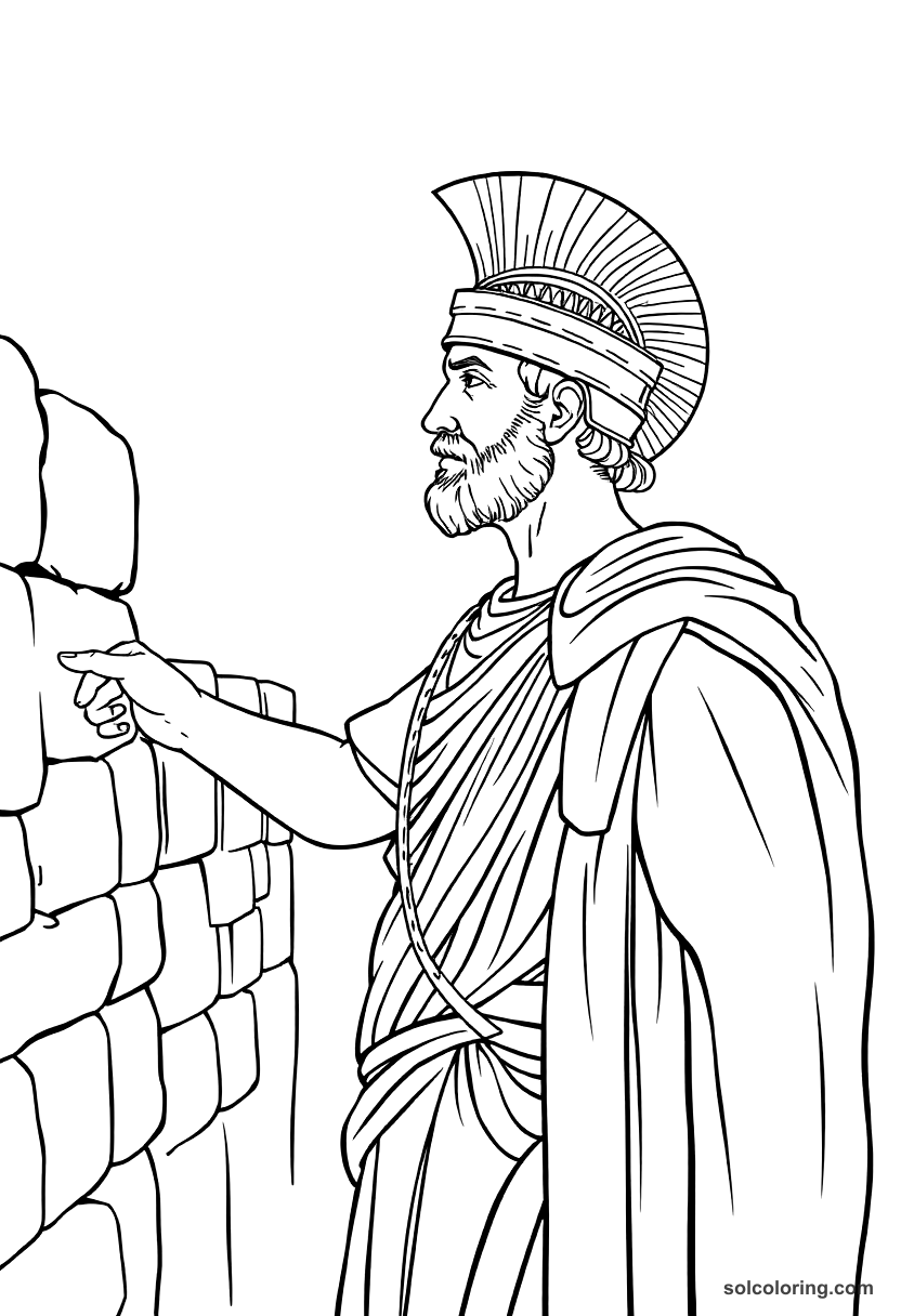 Coloring page showing Roman Emperor Hadrian in traditional robes inspecting Hadrian's Wall with soldiers and stone fortifications