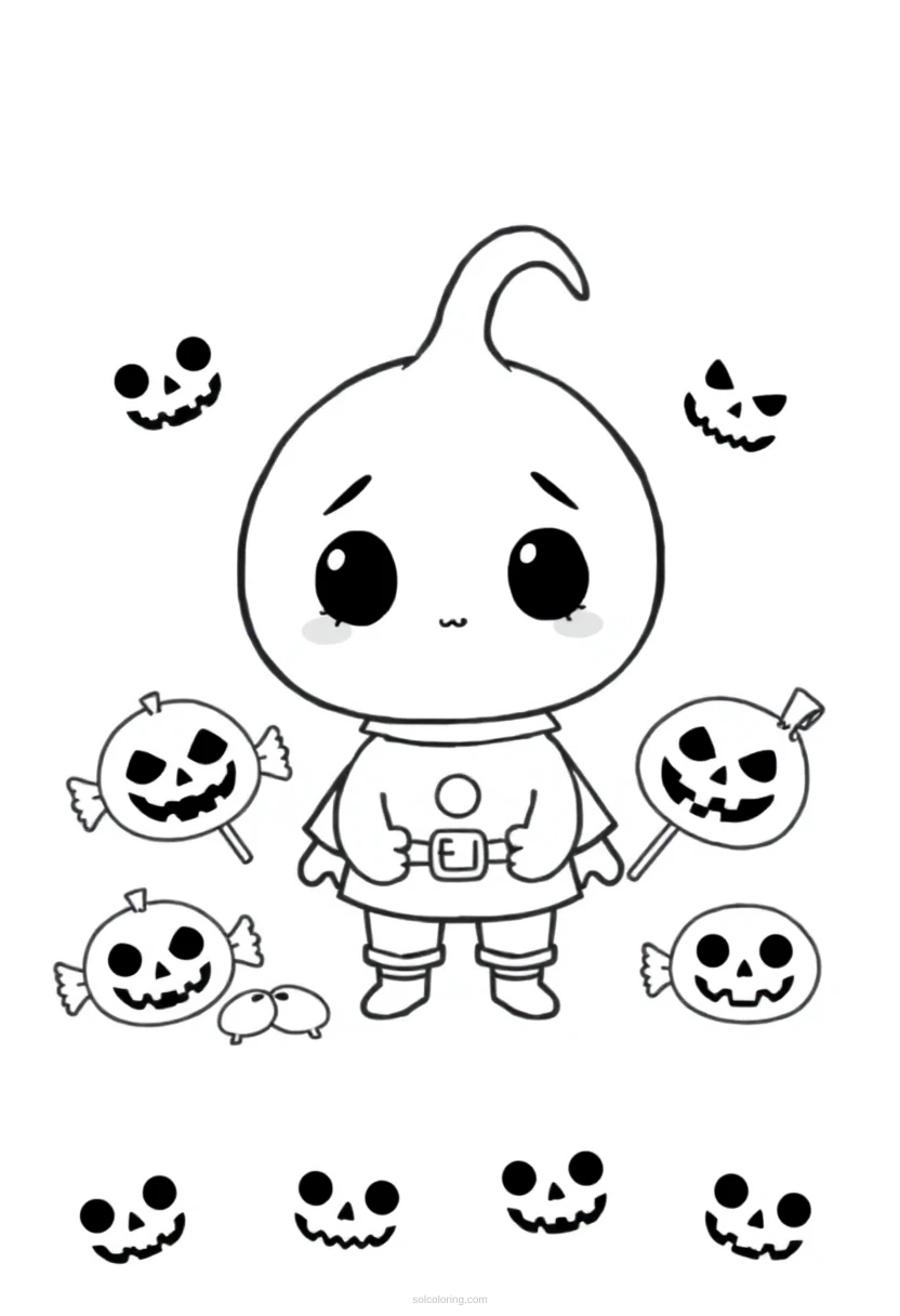 Halloween candy assortment coloring page with cute chibi candy corn, lollipops, chocolates and gummy treats