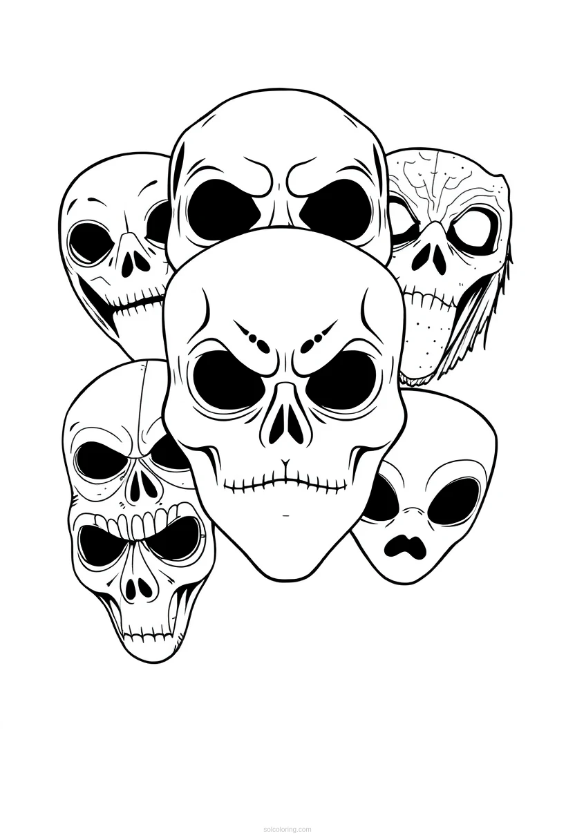 Halloween Masks Collection coloring page for kids
