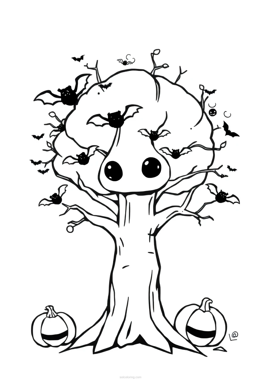 Halloween Tree with Bats coloring page for kids