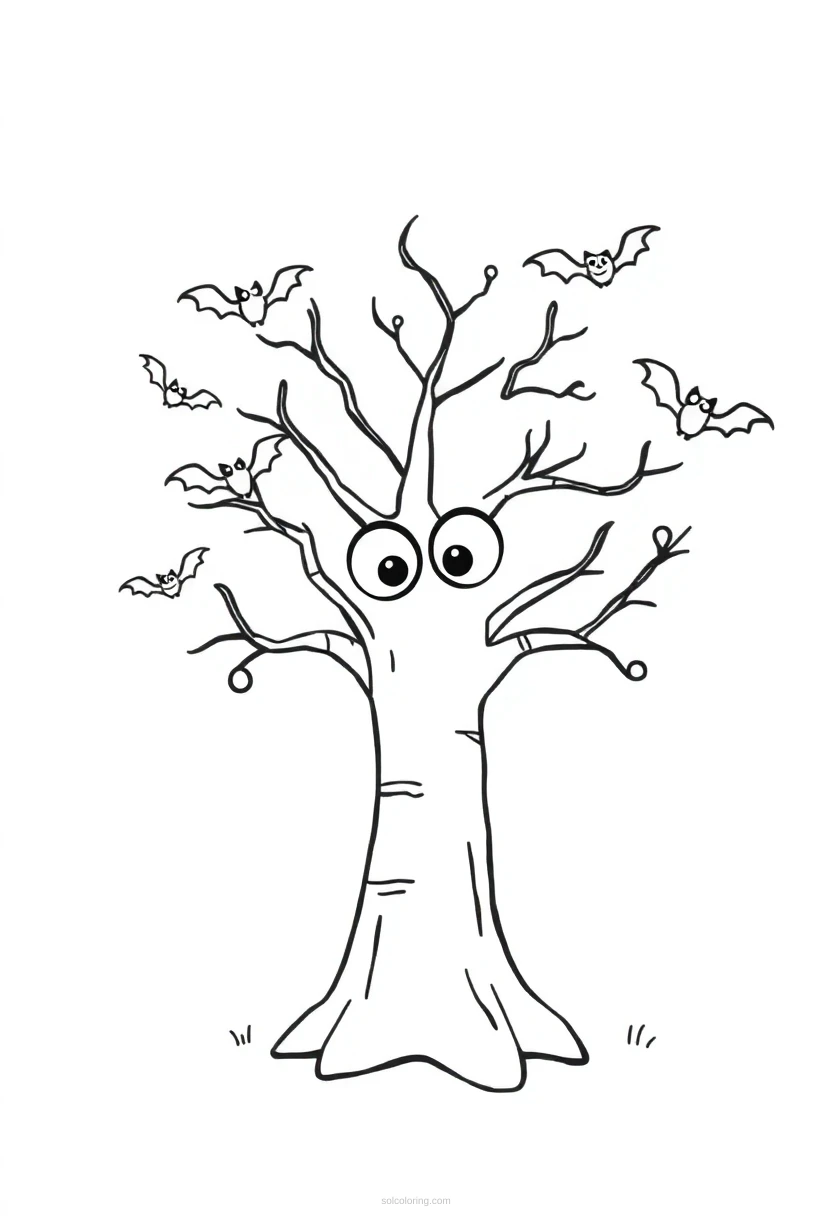Halloween Tree with Bats coloring page for kids