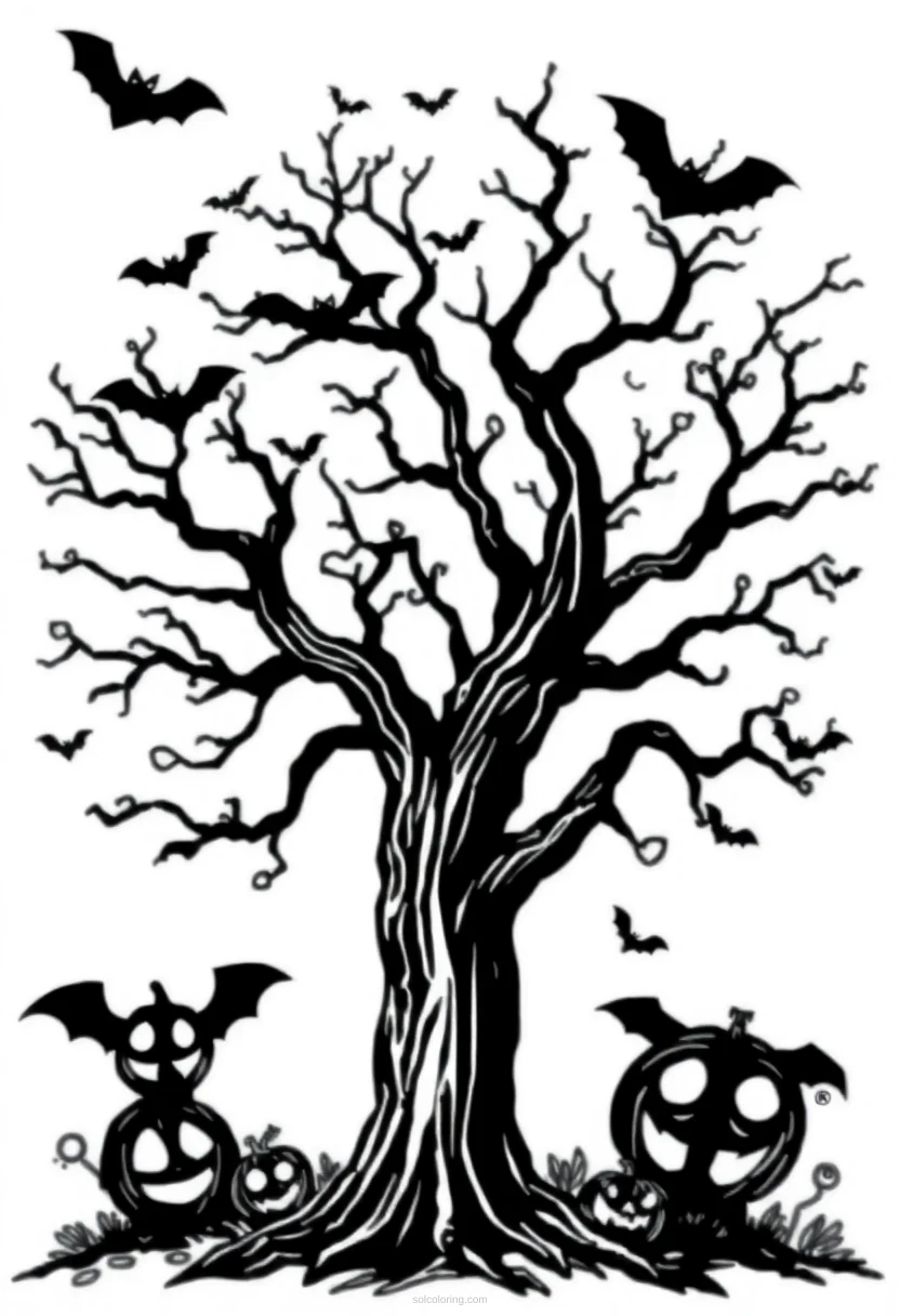 Halloween Tree with Bats coloring page for kids