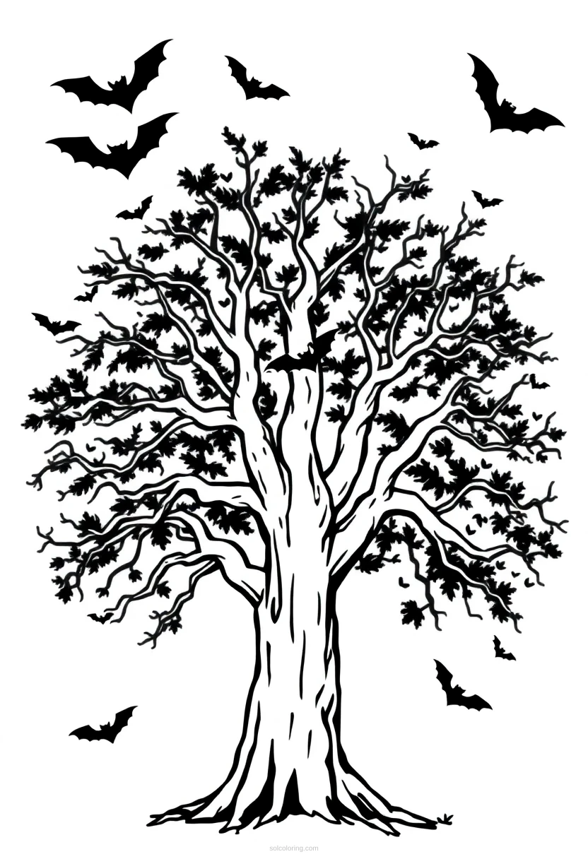 Halloween Tree With Bats coloring pages