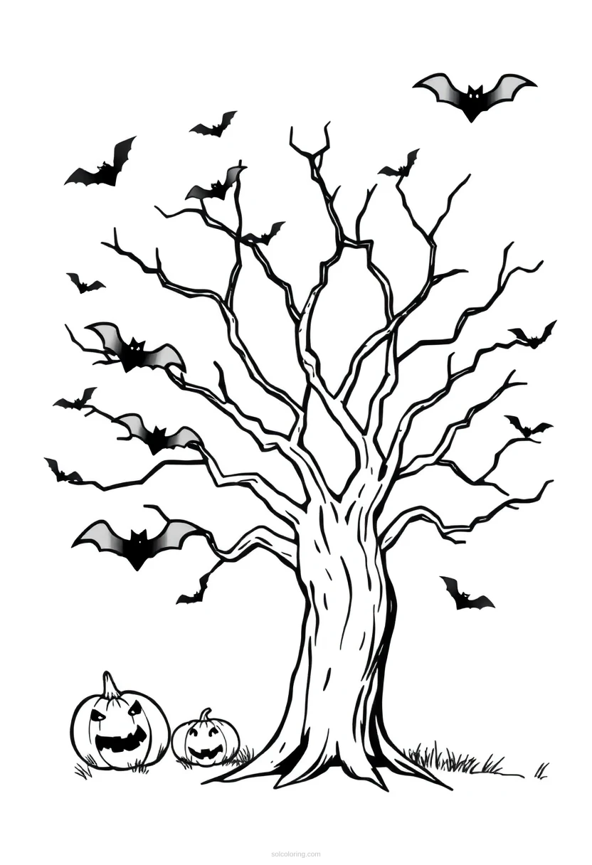 Halloween Tree with Bats coloring page for kids
