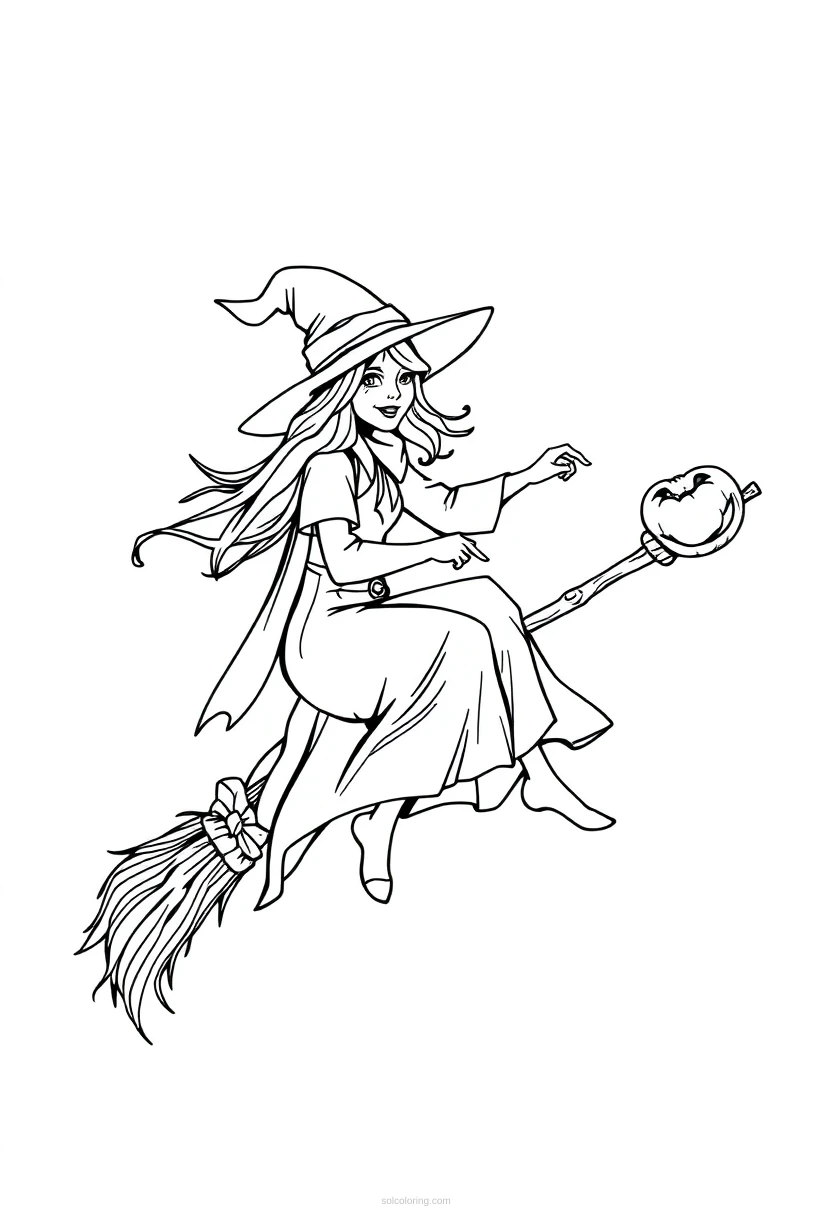 Halloween Witch on Broomstick coloring page for kids