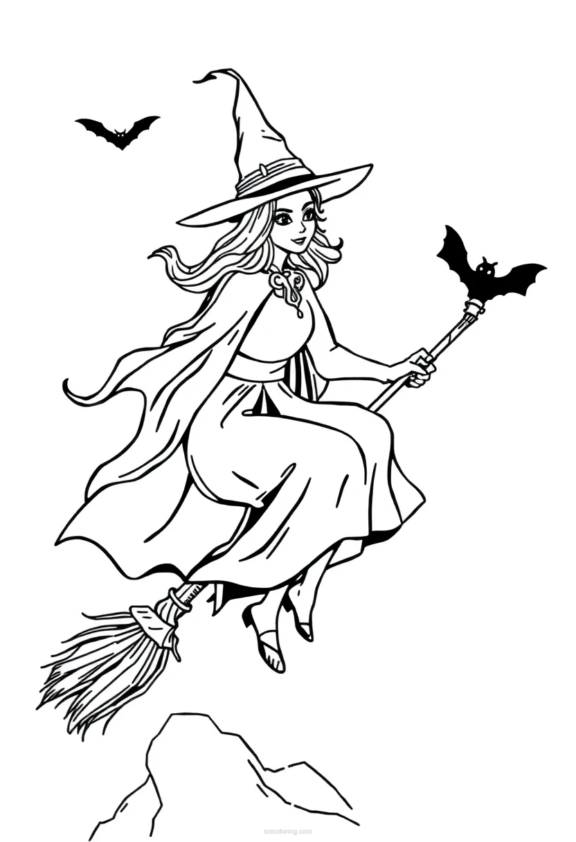 Halloween Witch on Broomstick coloring page for kids