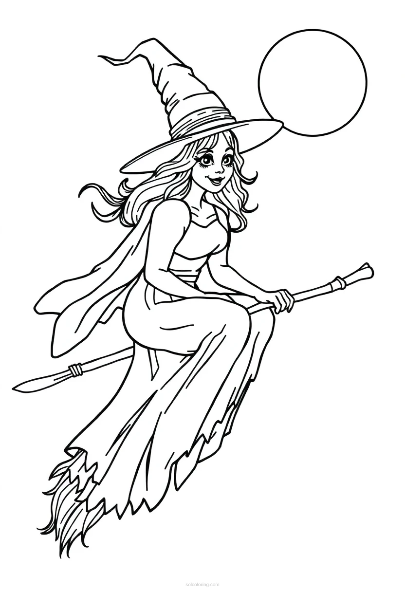 Halloween Witch on Broomstick coloring page for kids