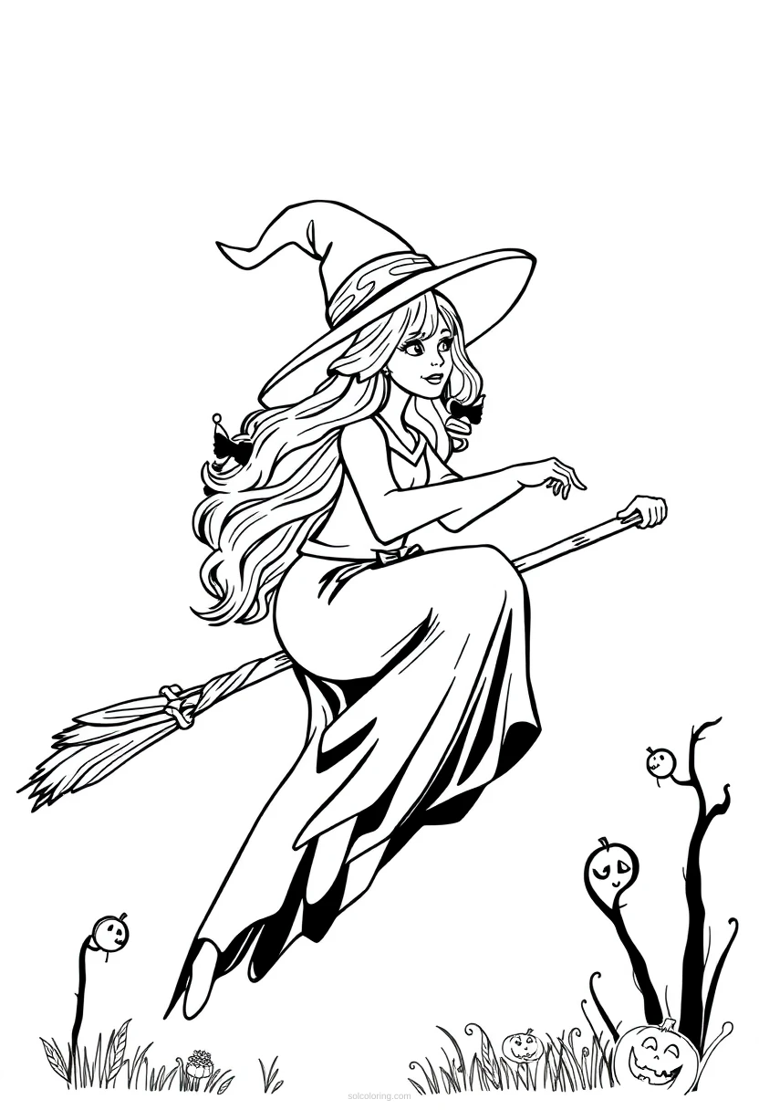 Halloween Witch On Broomstick coloring pages