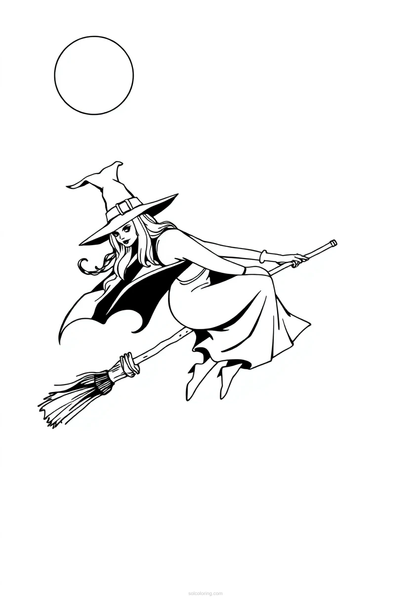 Halloween Witch on Broomstick coloring page for kids