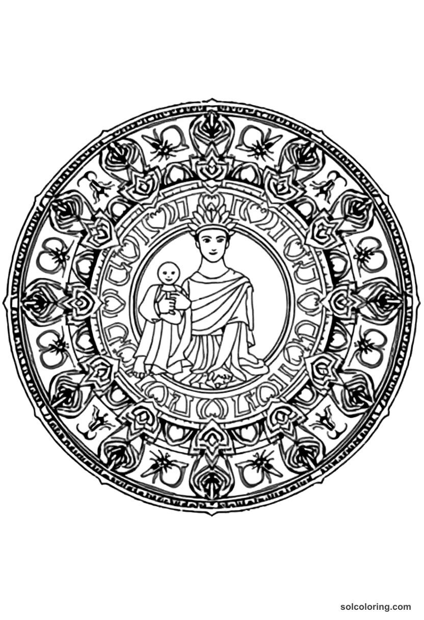 Mandala Hammurabi Receiving the Code of Laws coloring page, free printable mandala style