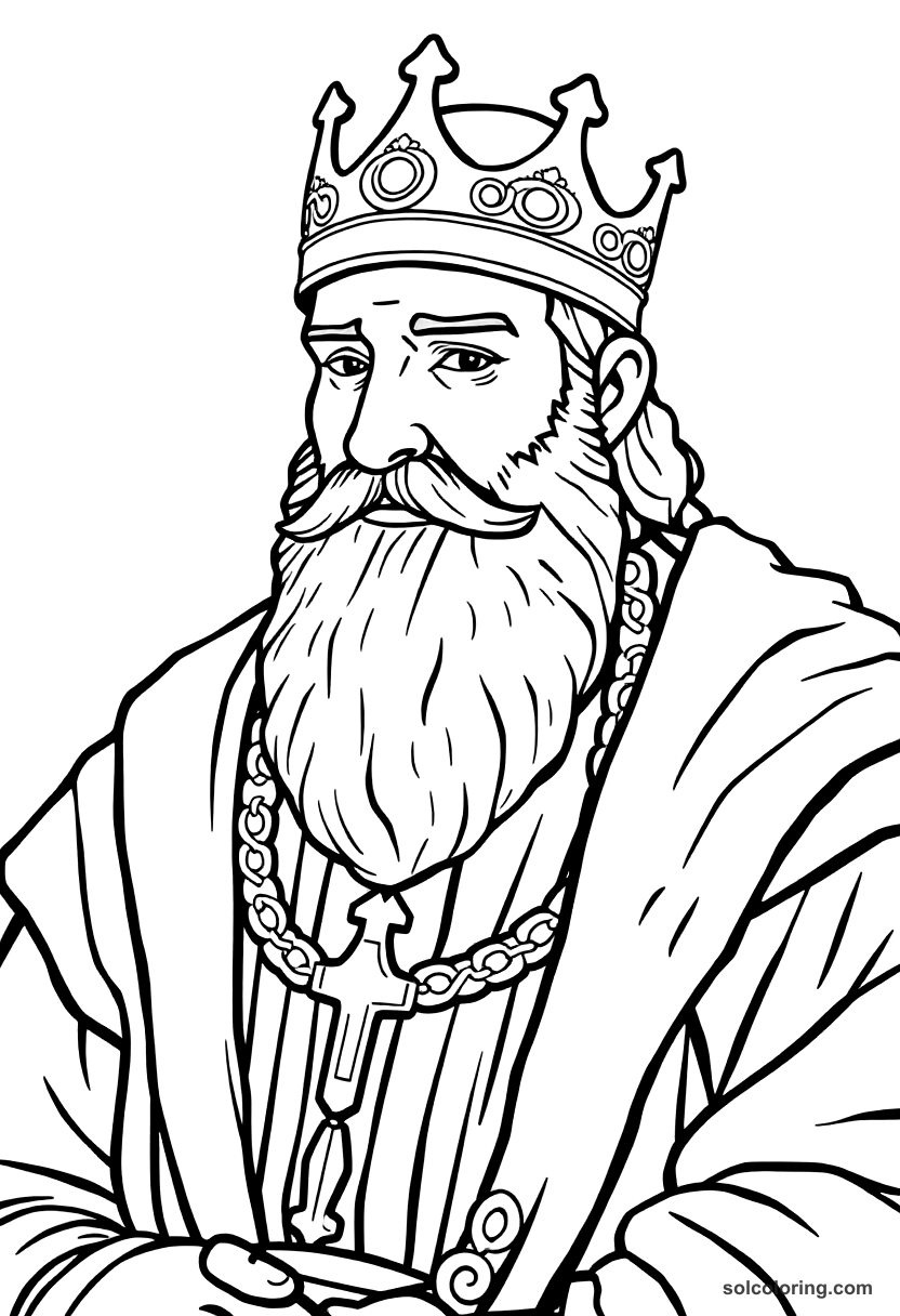 Harald Bluetooth Uniting Denmark coloring page showing Viking king addressing Danish tribes with detailed medieval setting