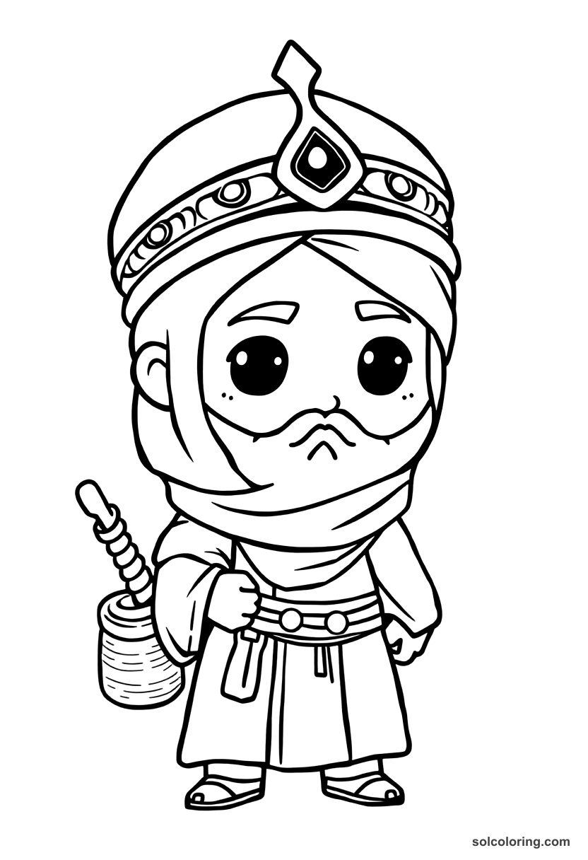 Chibi Haroun al-Rashid disguised as a merchant in Baghdad coloring page, free printable chibi style