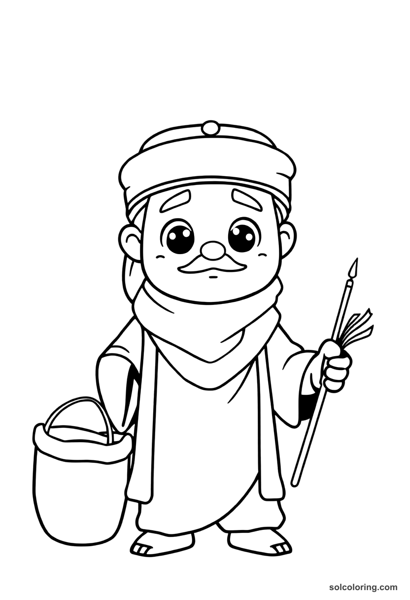 Cute Cartoon Haroun al-Rashid disguised as a merchant in Baghdad coloring page, free printable cute cartoon style