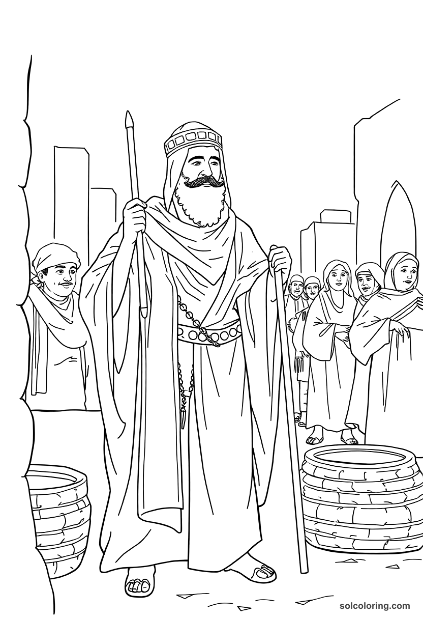Haroun al-Rashid disguised as a merchant in Baghdad coloring page, free printable detailed style