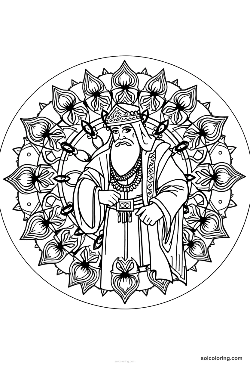 Mandala Haroun al-Rashid disguised as a merchant in Baghdad mandala coloring page for kids