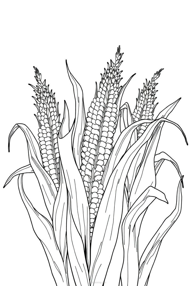 Harvest corn stalks coloring page showing detailed corn plants with husks and kernels in bold black outlines