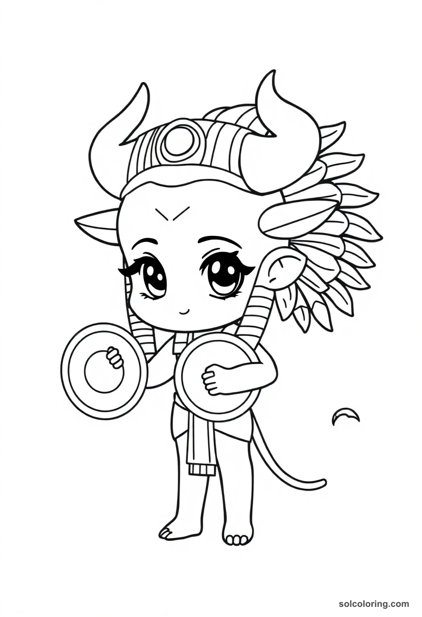 Chibi Hathor coloring page showing cute Egyptian goddess with cow horns and sun disk crown in bold outline style