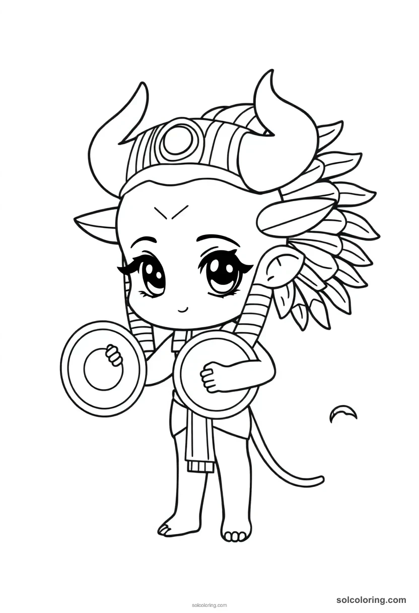 Chibi Hathor with Cow Horns and Sun Disk chibi coloring page for kids