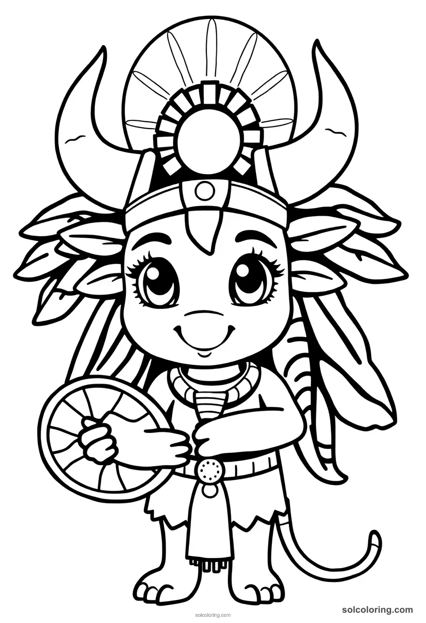 Cute Cartoon Hathor with Cow Horns and Sun Disk cute cartoon coloring page for kids